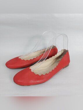 Chloe Lauren Women' Comfort Beach Scalloped Red Leather Ballet Flats Size 36.5